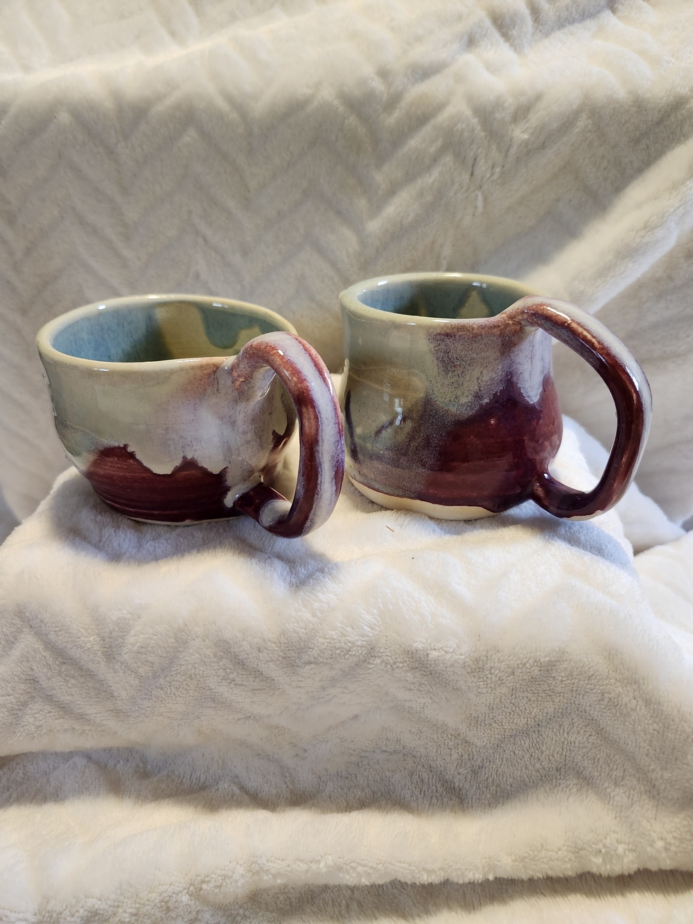 Handmade Ceramic Mugs in Sea Green and Burgundy Glaze — Set of 2